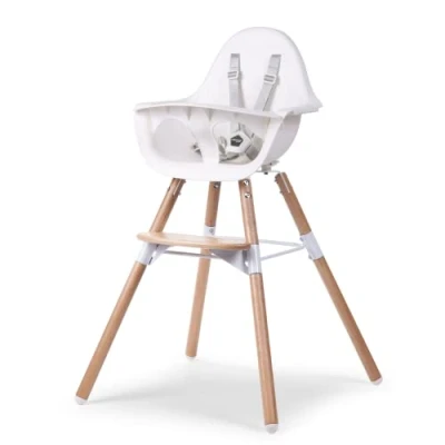 Image de CHILDHOME, Chaise Haute Bébé/Enfant, Evolutive, Dès 6 mois, Réglable en Hauteur, Harnais 5 Points, Nombreux Accessoires, Compatible avec Transat Naissance Evolu, Bois de Hêtre, Evolu 2, Blanc