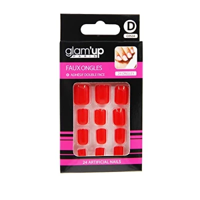 Image de Glam’Up Paris Faux Ongles Pleine Couverture Facile à Utiliser 24 par Boîte + Adhésifs Double Face Forme Carrée Arrondie N34 Rouge