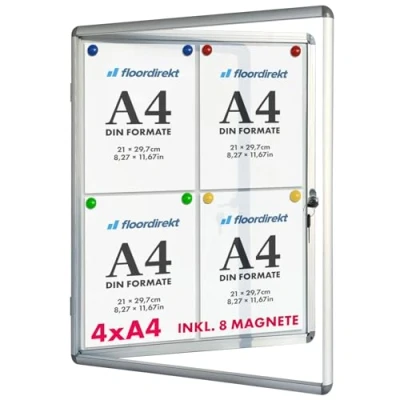 Image de Floordirekt Tableau d&#039;affichage en aluminuim, vitrine avec serrure à clé arrière magnétique Porte Cadre aluminium 4 x A4
