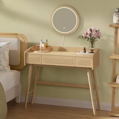 Image de SONGMICS HOME BOHOVEN Collection Coiffeuse avec Miroir et Lumière, Table de Maquillage, 3 Tiroirs Imitation Rotin, Lumière Réglable Nuances Couleur, Style Bohème, Chambre, Beige Chêne