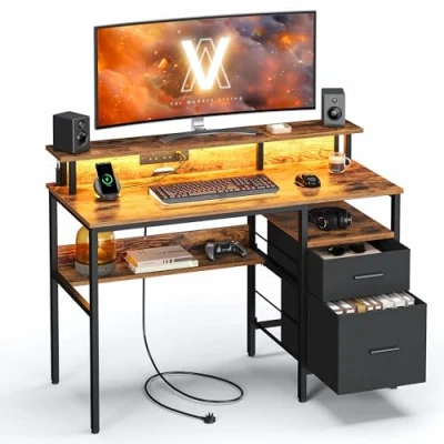 Image de VASAGLE Bureau Gaming avec Lumières LED et Multiprise, Informatique Support d&#039;Écran, Table Rangement, 2 Tiroirs en Tissu, Ports USB, pour Bureau, Marron Rustique LWD093K01