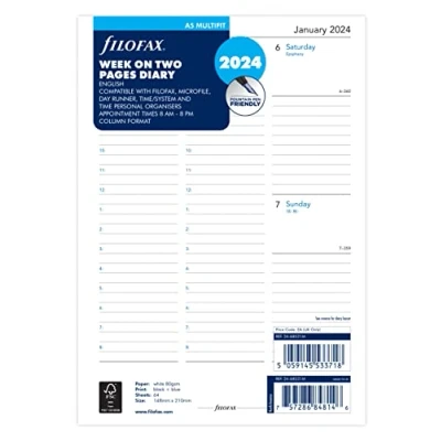 Image de Filofax Agenda 2024 avec une semaine sur deux pages, format colonne, A5, blanc