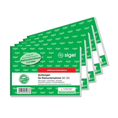 Image de Sigel SD120 Carnet de reçus pour petit entrepreneur Format A6, orientation paysage Avec impression sécurisée Papier autocopiant 5 Stück