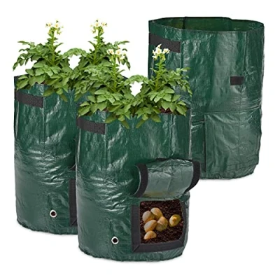 Image de Relaxdays Sac de plantation en lot 3, avec fenêtre visualisation, poignées latérales, HxD : 44 x 33 cm, vert foncé