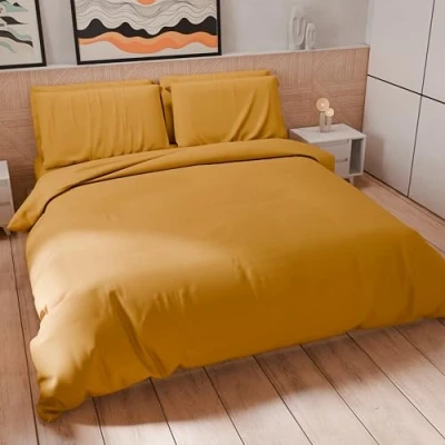 Image de PETTI Artigiani Italiani Housse de Couette Simple, et taies d&#039;oreiller en Microfibre, Couleur Unie Jaune Ocre, 100% fabriquée Italie