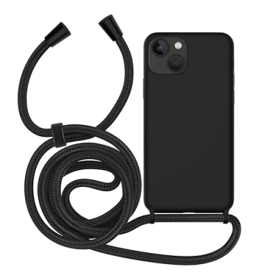 Image de MyGadget Coque Cordon pour iPhone 13 Cover Protection Rigide Anti Choc avec Collier &amp; Doublure Microfibre Case Tour de Cou Lanière Noir