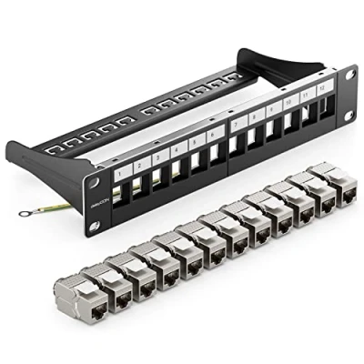 Image de deleyCON Kit de 12 Ports Panneau Brassage Modulaire 1 U 10&quot; Installation en Rack + 12x Modules Keystone RJ45 CAT6a Compatible avec Câble Réseau LAN CAT5 CAT6 CAT7 D&#039;installation Noir