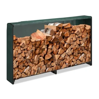 Image de Relaxdays Range bûches avec Protection, pour à partir de 25 cm, Support en Fer, HxLxP: 110x200x29 Noir Vert