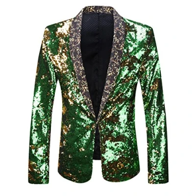 Image de PYJTRL Veste de Costume élégante à Paillettes pour Homme Deux Couleurs (XXL, Bleu Roi + Or.)