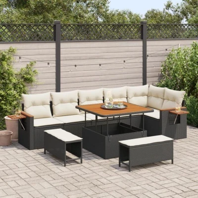 Image de Canapé de jardin 9 pièces avec coussins Noir Poly Rotin, Ensemble salle à manger 3 3363185