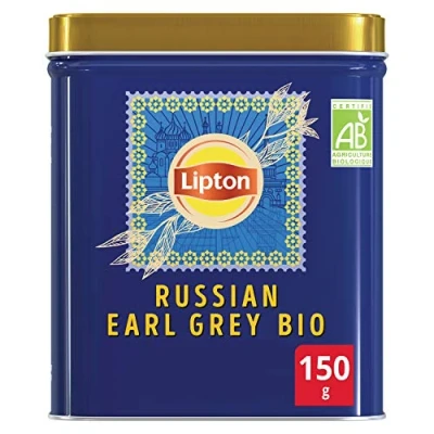 Image de Lipton Sir Thomas Thé Noir Russian Earl Grey Bio Aromatisé en Vrac Goût Bergamote et Agrumes Vitalité Certifié Rainforest Alliance 150g