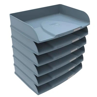 Image de Exacompta Réf. 10570D Lot de 6 corbeilles à courrier Horizontales Combo Styli Autentik pour Documents Format Paysage Porte étiquette Inclus superposable dim 25,5x36,5x6,5 cm Bleu Gris