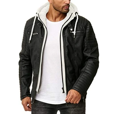 Image de RED BRIDGE Veste en similicuir pour hommes Blouson de motard à capuche Biker Casual Noir Blanc melange 4XL