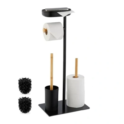 Image de Relaxdays Serviteur WC mélange de matériaux non fixe H x L P : 665 30 20 cm noir et nature