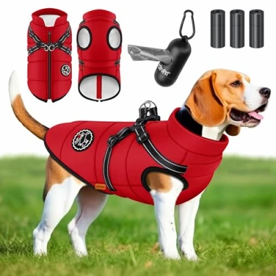 Image de Lovpet® Manteau pour Chien avec Harnais, 45 Sacs à déjections Canines + Distributeur, Gilet d&#039;hiver doublé imperméable rembourré Sangle de Poitrine, réflecteurs, Anneau en D, Taille L, Rouge