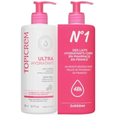 Image de Topicrem Ultra Hydratant Lait Corps Hydrate 48h, Relipide, Protège la Peau Texture Onctueuse, Odeur Délicate Crème Hydratante pour Peaux Sensibles Fabrication Française 2x500 ml
