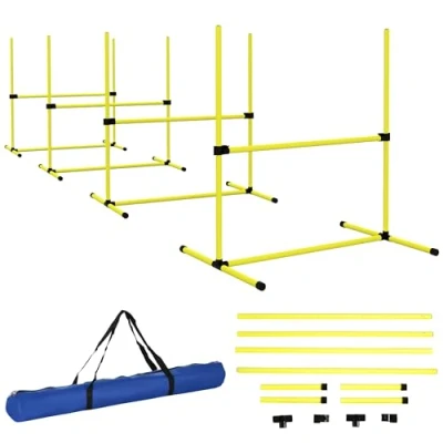 Image de PawHut Agility pour Chiens kit Chien Parcours Set de 4 Obstacles Professionnels Hauteur réglable avec système Maintien au Sol 99L x 65l 94H cm Sac Transport fourni Jaune