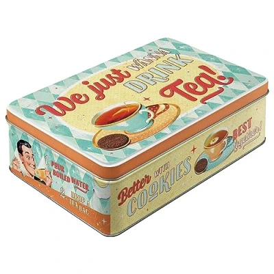 Image de Nostalgic Art Boîte de conservation rétro plat, 2,5 l, Tea &amp; Cookies Idée cadeau pour nostalgiques, récipient en tôle avec couvercle, design vintage