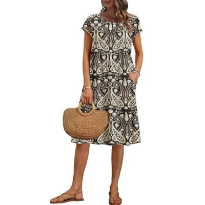 Image de AUSELILY Robe Femme d&#039;été Droite Mi Longue à Manches Courtes Robes aux Genoux Ample Décontractée Style Empire avec Poches