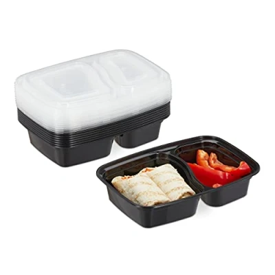 Image de relaxdays Meal prep containers, lot de 10, 2 compartiments, micro ondes, 800 ml, boîte alimentaire avec couvercle, noir