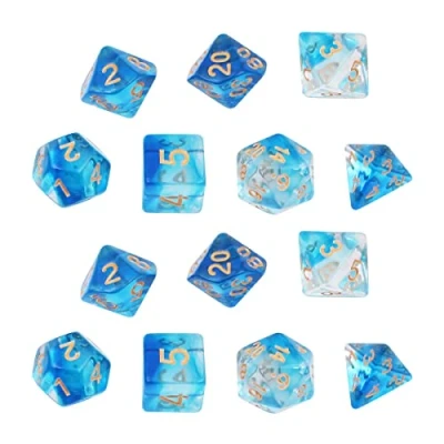 Image de DollaTek dés polyédriques Transparents Set Jeux de Table 2 x 7 (14 pièces) Die série D20 D12 D10 D8 D6 D4 DND RPG MTG Double Couleurs One Piece(Bleu)