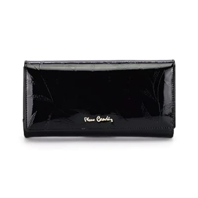 Image de Pierre Cardin Portefeuille Femme, avec Un Motif d&#039;une Feuille, Végétal, Elégant, Pratique, Cuir Verni, Large, 19,5x10x4 cm, Noir
