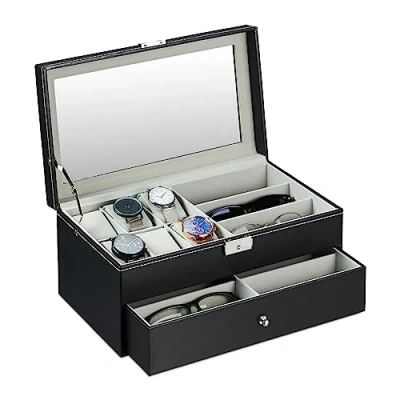 Image de Relaxdays Boîte à Bijoux, Large écrin avec tiroir, pour Lunettes et Montres, HxLxP : 15,5x33,5x19 cm, Noir