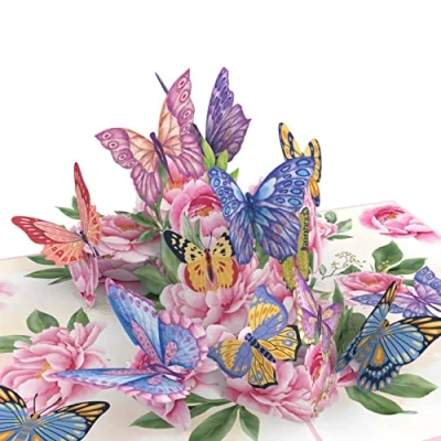 Image de MOKIO® Carte Papillon Pop Up fleurs avec Papillons cadeau 3D pour un anniversaire, retraite ou comme bon, de vœux enveloppe