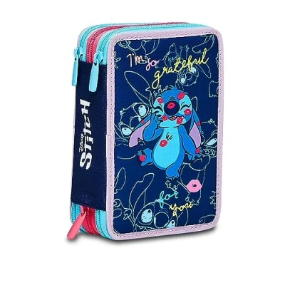 Image de Trousse scolaire élémentaire 3 compartiments LILO &amp; STITCH MY Alien PAL Disney Bleu Contenu 43 pièces Avec crayons, marqueurs, etc. Porte stylo école fille élémentaire, bleu, Taglia Unica,