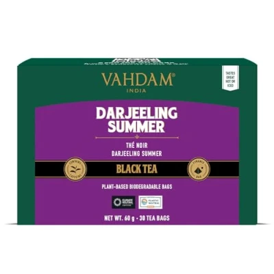 Image de VAHDAM, Darjeeling Summer Thé Noir (30 Sachets De Pyramid) d&#039;Inde Non Mélangé Certifié 100% Directement La Source En Inde Infusion Chaude/Glacée