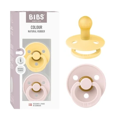 Image de BIBS Colour Pacifier Lot de 2 tétines rondes sans BPA en latex caoutchouc naturel, fabriquées au Danemark, taille 1 (0 6 mois), beurre pâle/pétale