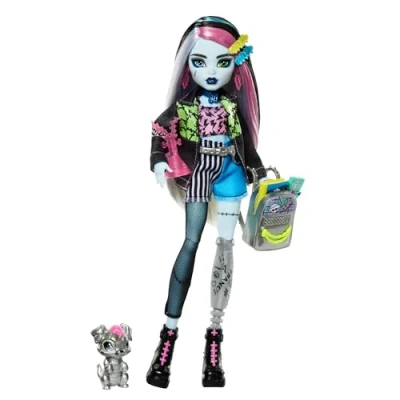Image de Monster High Poupée Frankie Stein habillée d’une veste et d’un short en denim, comprend son chien Watzie des accessoires comme un sac à dos, cas carnet, HXH73