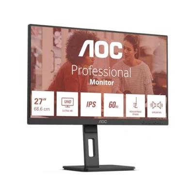 Image de AOC U27E3UF Moniteur UHD 27 Pouces, réglable en Hauteur, Haut parleurs, Adaptive Sync (3840x2160.4K, 60 Hz, DisplayPort, 2X HDMI, hub USB) Noir