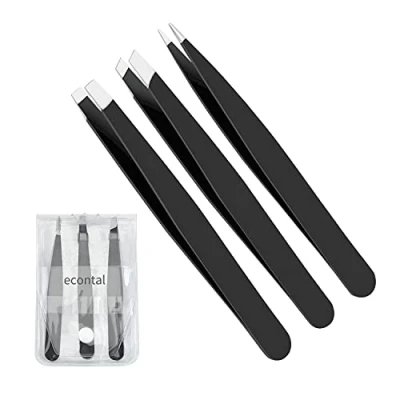 Image de Econtal Pince à Épiler pour Sourcils, Cils, Poils Incarnés Échardes du Visage Tiques, Pointe Crabe Oblique Droite Pointue, 3 pcs, avec Étui