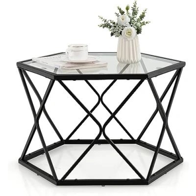 Image de LIFEZEAL Table Basse en Verre Trempé, de Salon Hexagonal 65 x 56,5 40,5 cm, d&#039;Appoint avec Cadre Fer, Noir