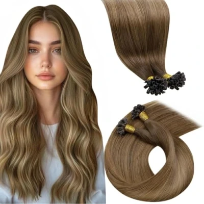 Image de LaaVoo Kératine Extension A Chaud Vrais Cheveux 50Mèches/50G 22Pouce/55cm Hot Fusion U Tip Human Hair Extensions Ombre Brun Moyen Clair Balayage Blond Doré Foncé Nail #6/8/14