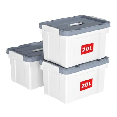 Image de Cetomo 20L * 3 Boîte de rangement en plastique, fourre tout, Récipient d&#039;organisation avec couvercle durable et boucles verrouillage sécurisées, Empilable emboîtable, 3Pack, Blanc