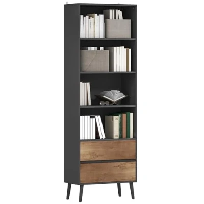 Image de HOMCOM Bibliothèque Meuble de Rangement étagere à Livres avec 4 Compartiments Ouverts et 2 tiroirs, étagère pour Salon, Chambre, Bureau, 60 x 30 179 cm, Gris