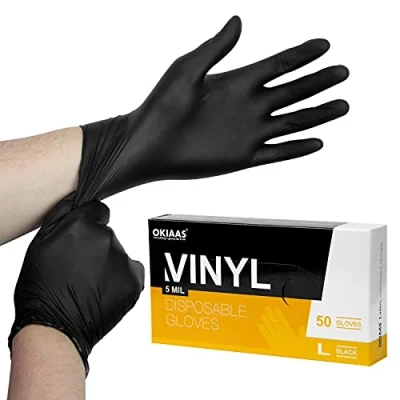 Image de OKIAAS Gants Jetables Noir en Vinyle Taille S/M/L/XL Lot de 50 Non poudrés Sans latex Dans une boîte distributrice