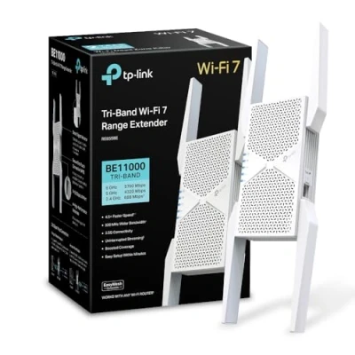 Image de TP Link RE655BE BE9300 Amplificateur tri Bande Wi FI 7 répéteur jusqu&#039;à 5764 Mbit/s (6 GHz) + 2882 (5 688 (2,4 GHz), EasyMesh, 1 Port LAN 2,5 Gigabit, 4 antennes externes, WPA3