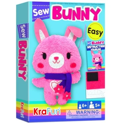 Image de KRAFUN Kit de couture pour enfants débutants My First Art &amp; Craft, comprend une poupée lapin en peluche, des instructions et du feutre peluche apprendre à coudre, broder, partir