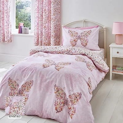 Image de Catherine Lansfield Parure de lit réversible avec Housse Couette et taie d&#039;oreiller Motif Papillon enchanté Rose