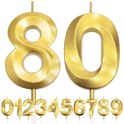 Image de 80th Bougie D&#039;anniversaire à Paillettes Dorées au Design 3D, Bougies Numérotées pour 80e, Décorations de Dessus Gâteau, Gâteau Fête D&#039;anniversaire, Anniversaire Mariage