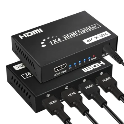 Image de Répartiteur HDMI 1 Entrée 4 Sorties, Distributeur HDCP 4K 3D, Splitter 1x4 avec Adaptateur Secteur, Compatible XBox/HDTV/PS3/PS4