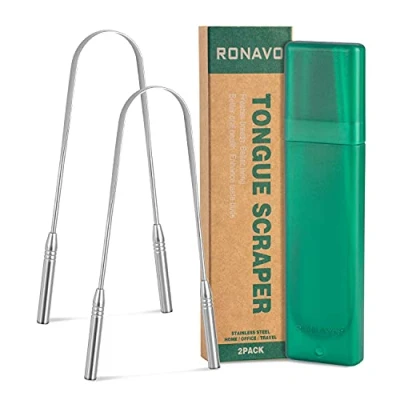 Image de Gratte langue avec étui de voyage 2 packs, qualité médicale 100% acier inoxydable, bannit la mauvaise haleine et maintient l&#039;hygiène bucco dentaire, nettoyeur pour adultes enfants…