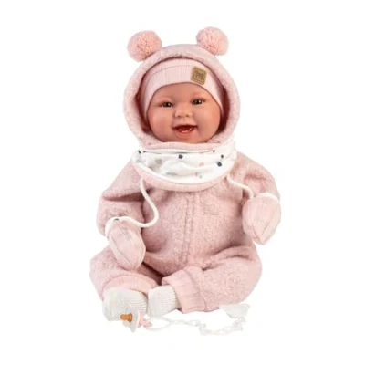 Image de Llorens 1018480 Poupée Tala avec Yeux Marron et Corps Doux, Tenue d&#039;hiver Rose Moelleuse, tétine, Attache tétine 44 cm