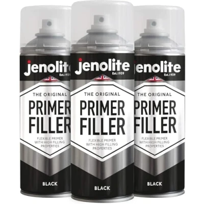Image de JENOLITE Peinture d&#039;apprêt de remplissage en aérosol NOIR Apprêt flexible avec des propriétés élevées Remplit les petites bosses et rayures pour une finition lisse 3 x 400ml