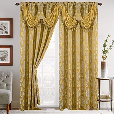 Image de Elegant Comfort Lot de 2 Rideaux Aspect Jacquard avec cantonnière Cascade attachée, 137,2 x 213,4 cm, Jaune