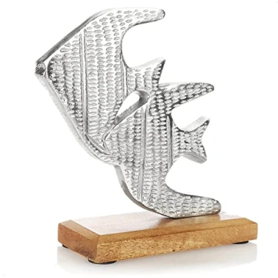 Image de com four® Premium Stand Fish Poisson décoratif en métal sur Socle Bois de manguier Maritime à Poser et décorer (argenté Poisson)