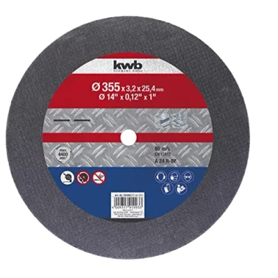 Image de kwb Disque à tronçonner en métal 355 mm, 3,2 mm d&#039;épaisseur pour tronçonneuses, découpeuses et découpeuses, avec renfort fibre de verre, lié résine, alésage 25,4